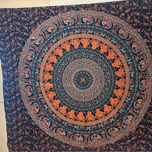Vibrant Mandala Tapestry in Orange and Blue